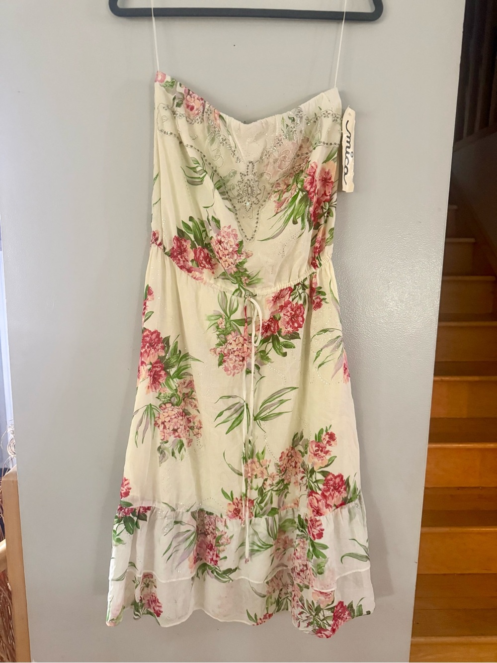 Vintage Y2K Mica Strapless 100% Cotton Floral Midi Dress Cream Pink Sz 10